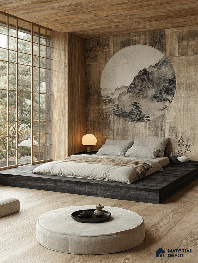 Serene Japanese-Inspired Bedroom Design with Garden View and Round Shoji Screen

 Sobha Dream Acres Panathur | Material Depot