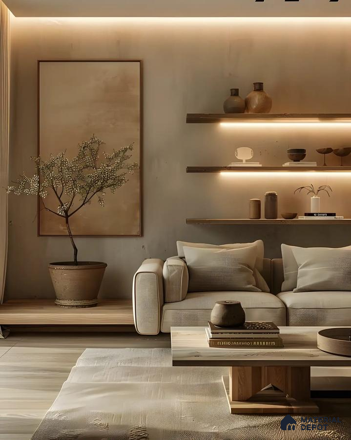 Serene Living Space with Earthy Tones and Ambient Lighting | Material Depot