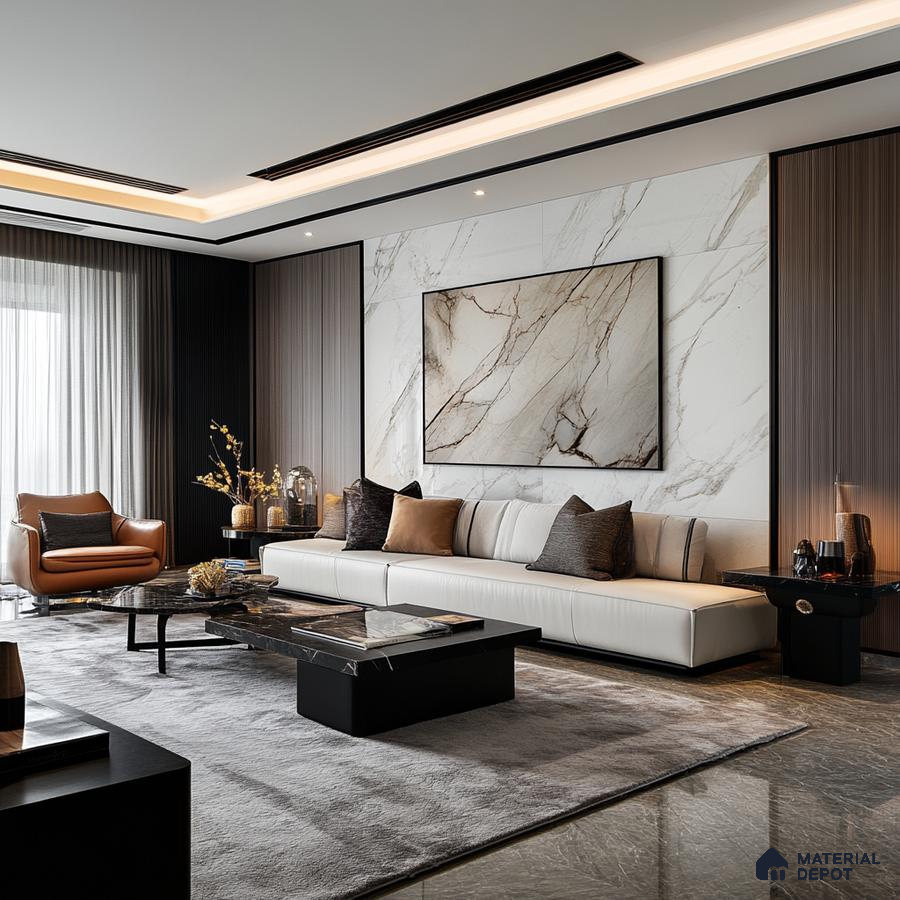 Serene Minimalism: A Modern Living Room with a Marble Feature Wall | Material Depot