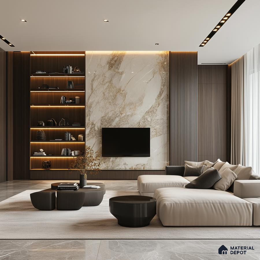 Serene Minimalism: A Modern Living Room with a Marble Feature Wall and Wood Accents | Material Depot