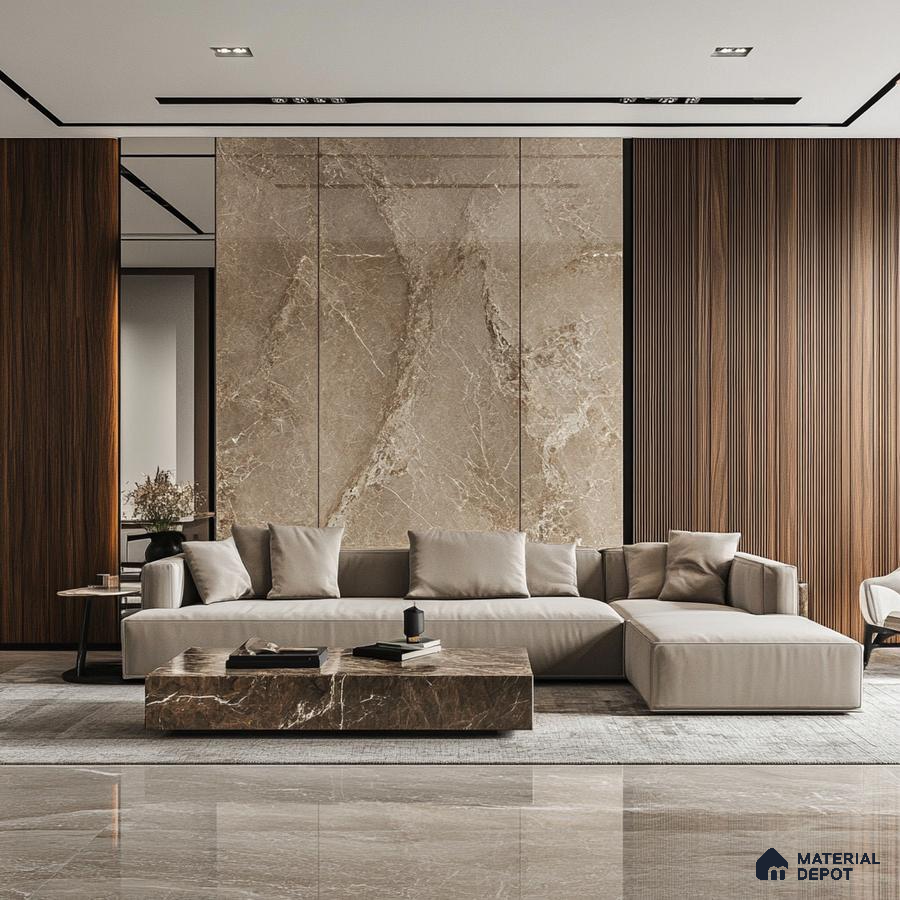Serene Minimalism: A Modern Living Room with a Stone Feature Wall and Wood Accents | Material Depot