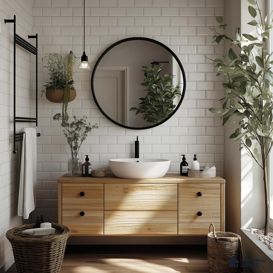Serene Minimalist Bathroom with White Subway Tiles and Wood Accents | Material Depot