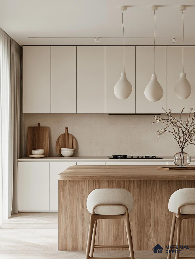 Serene Minimalist Kitchen with Warm Tones and Natural Light | Material Depot