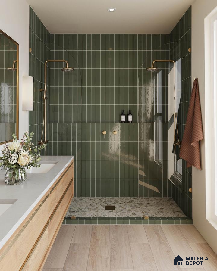 Serene Modern Bathroom with Deep Green Tiled Shower, Wood Vanity, and Terrazzo Floor | Material Depot