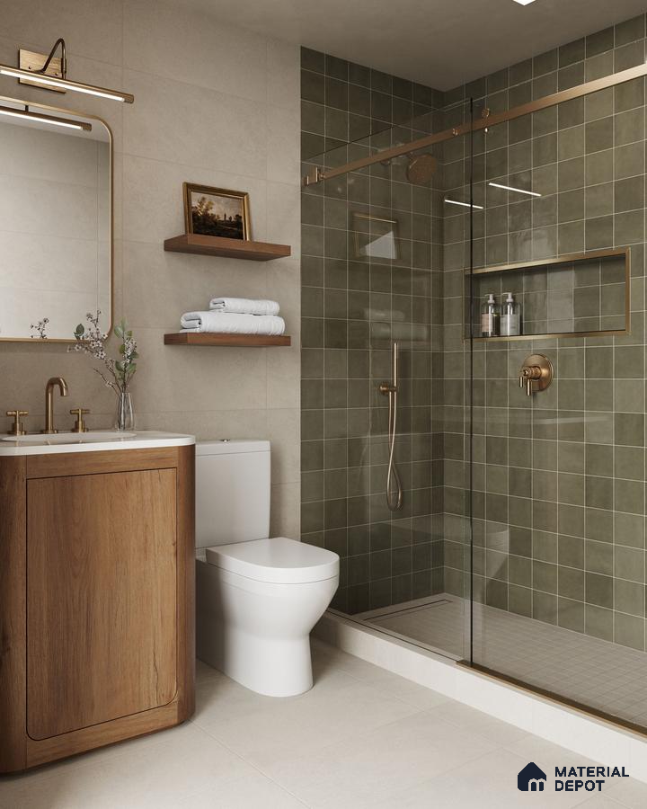 Serene Modern Bathroom with Green Tiled Shower, Wood Vanity, and Marble Floor | Material Depot