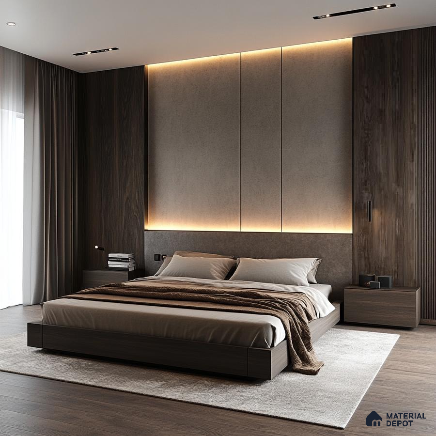 Serene Modern Bedroom Design with Textured Accent Wall and Platform Bed Prestige Southern Star Begur Road | Material Depot
