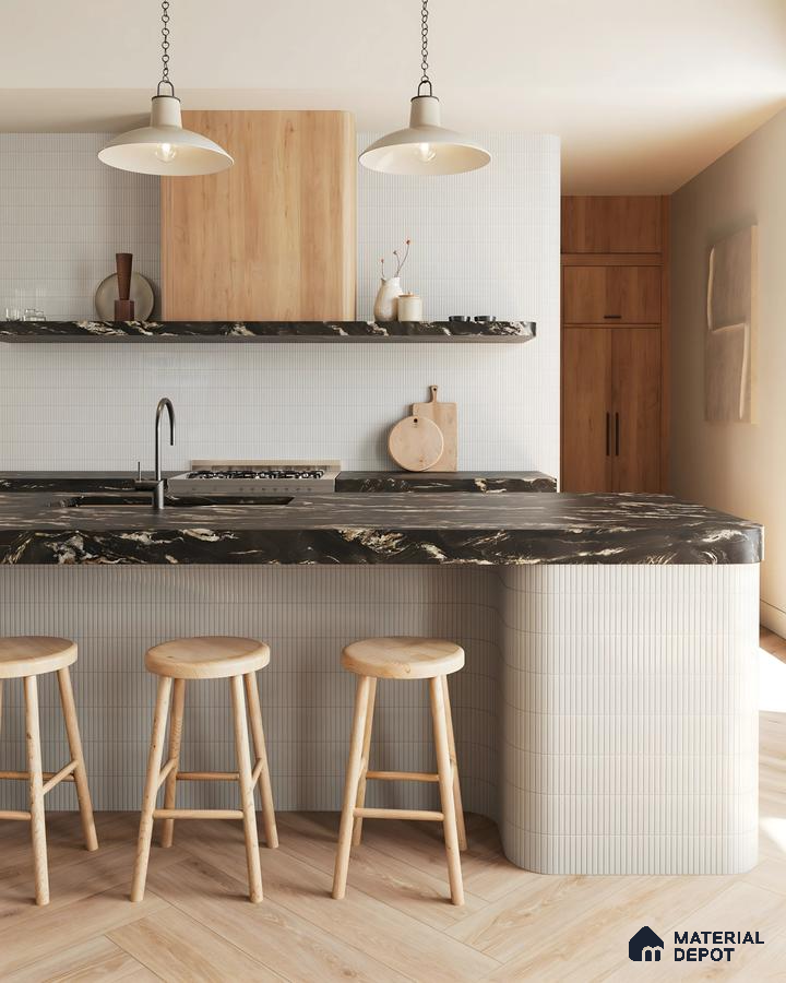 Serene Modern Kitchen Design with Kitkat Tile and Black Decorative Quartz Purva Tivoli Hills Devanahalli | Material Depot