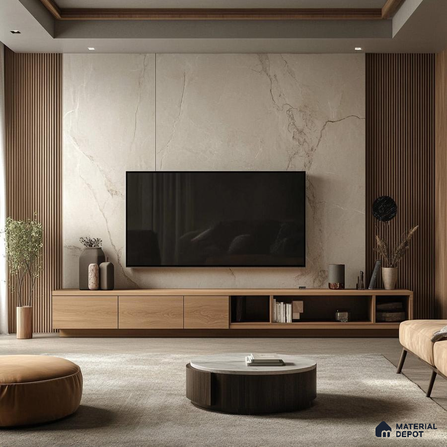 Serene Modern Living Room with Marble Feature Wall and Wood Accents | Material Depot