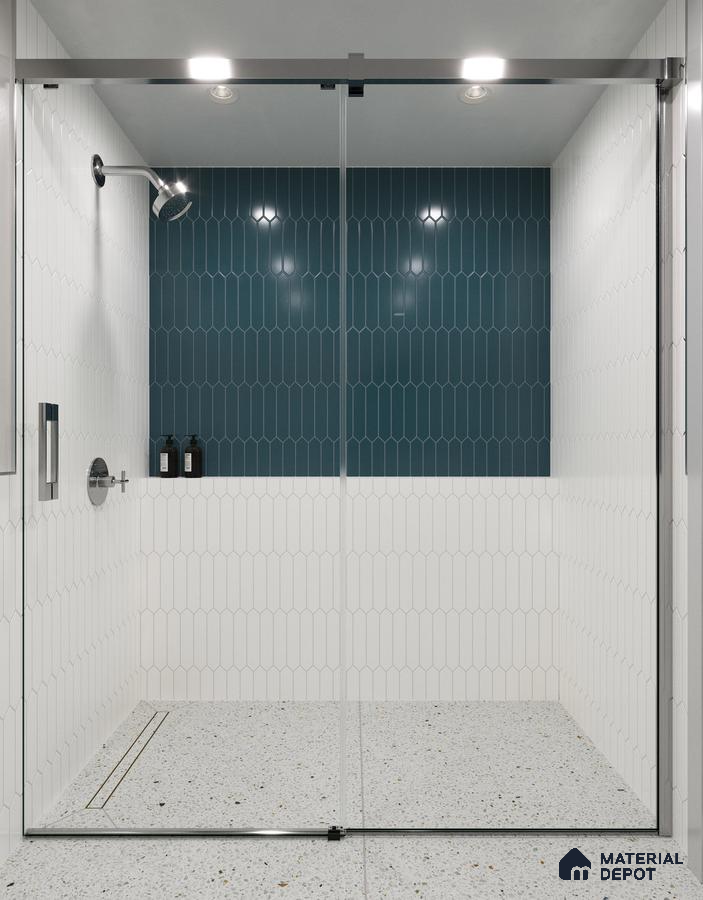 Serene Modern Walk-In Shower with Green and White Tiled Walls and Terrazzo Floor | Material Depot