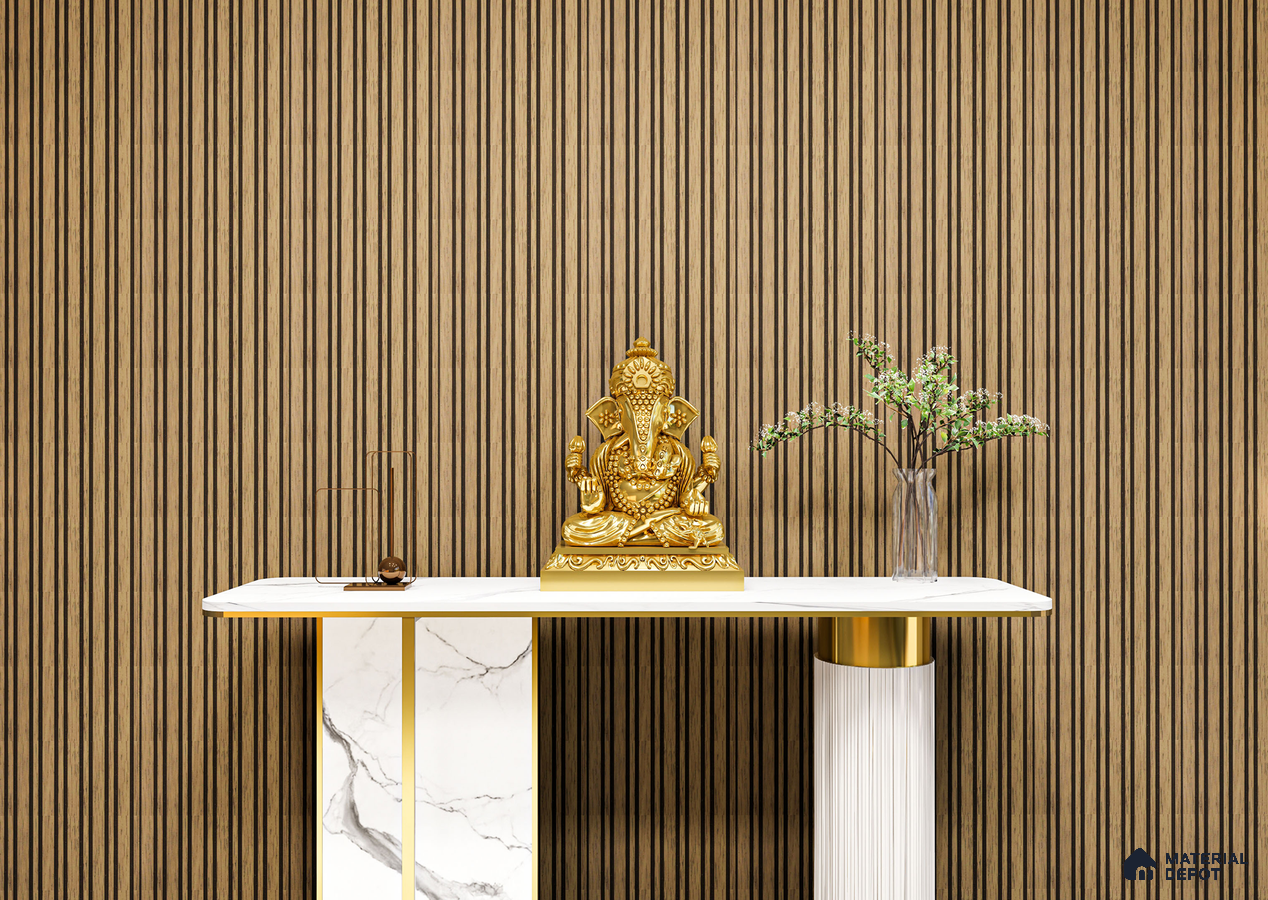 Serene Pooja Corner with Oak Louvers and Golden Ganesh Idol | Material Depot