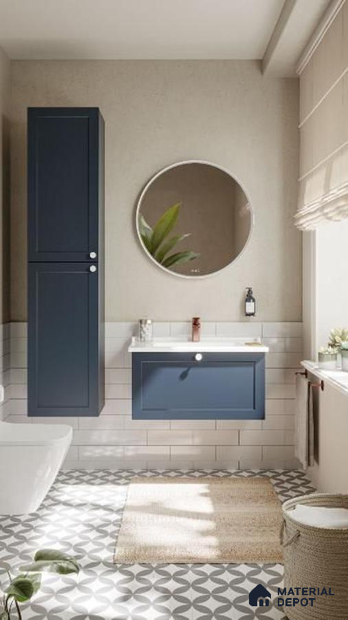 Serene Sanctuary: A Harmonious Bathroom Blend of Neutral Tones and Dynamic Patterns | Material Depot