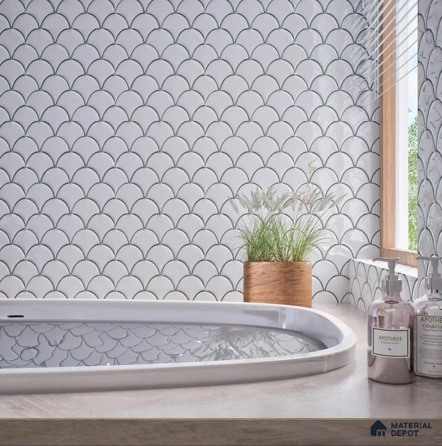 Serene White Fish Scale Tile Bathroom | Material Depot