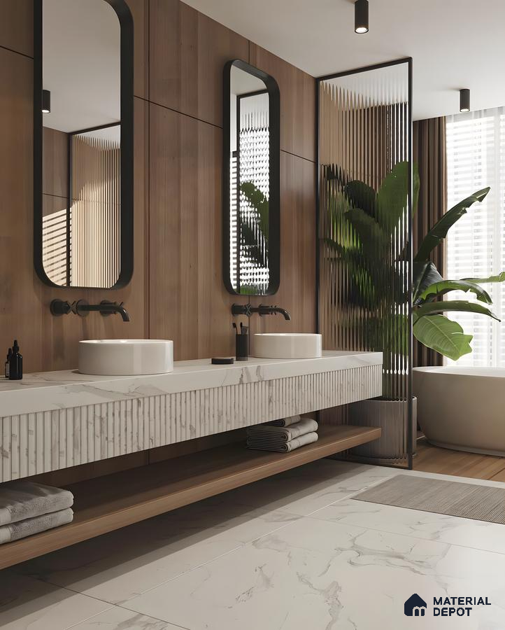 Serene Wood & Marble Bathroom With Fluted Sink Counter And Tropical Divider | Material Depot