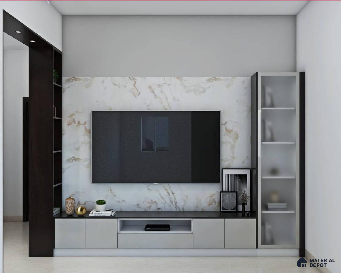 TV Unit with White Marble Backsplash
