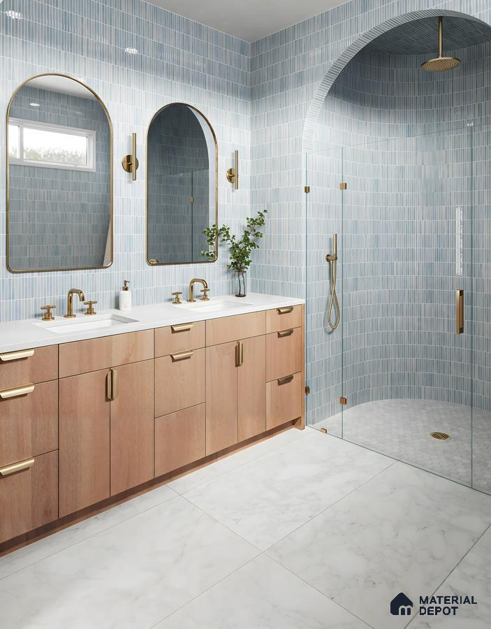 Shower and Warm Wood Vanity with blue subway tiles Shriram Chirping Grove Sarjapur Road | Material Depot
