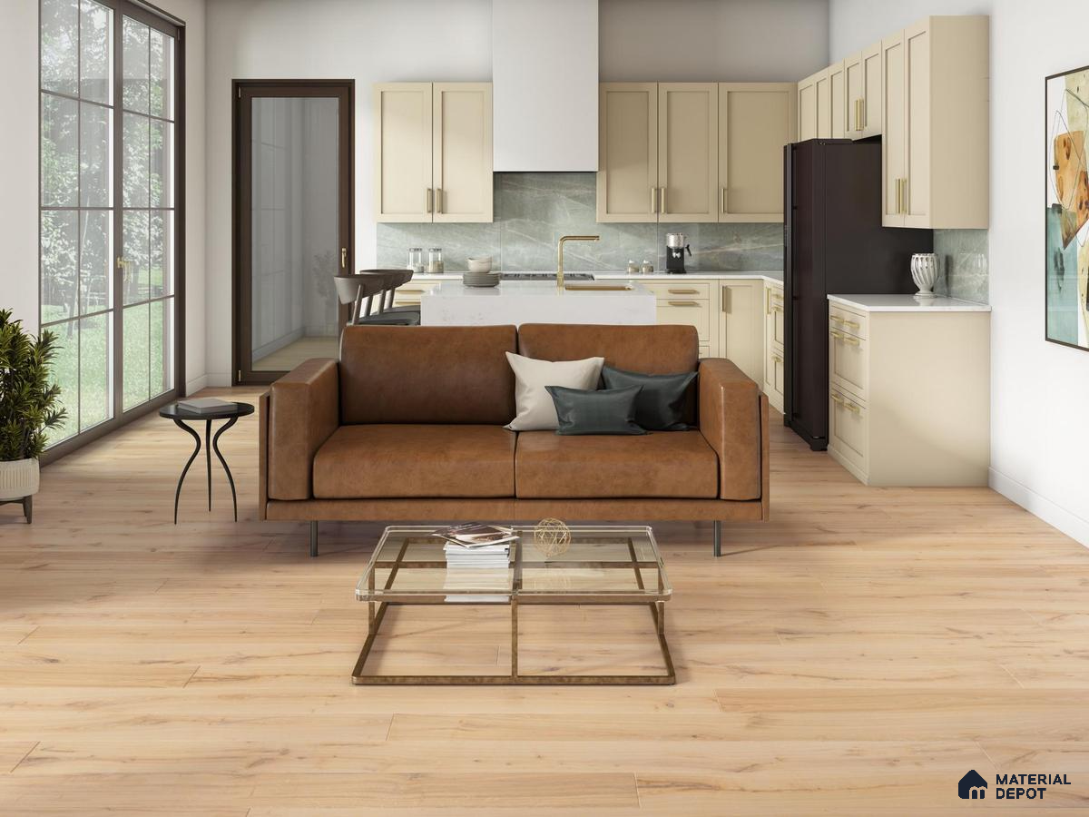 Living room with wooden laminate floor and beige laminate cabinet