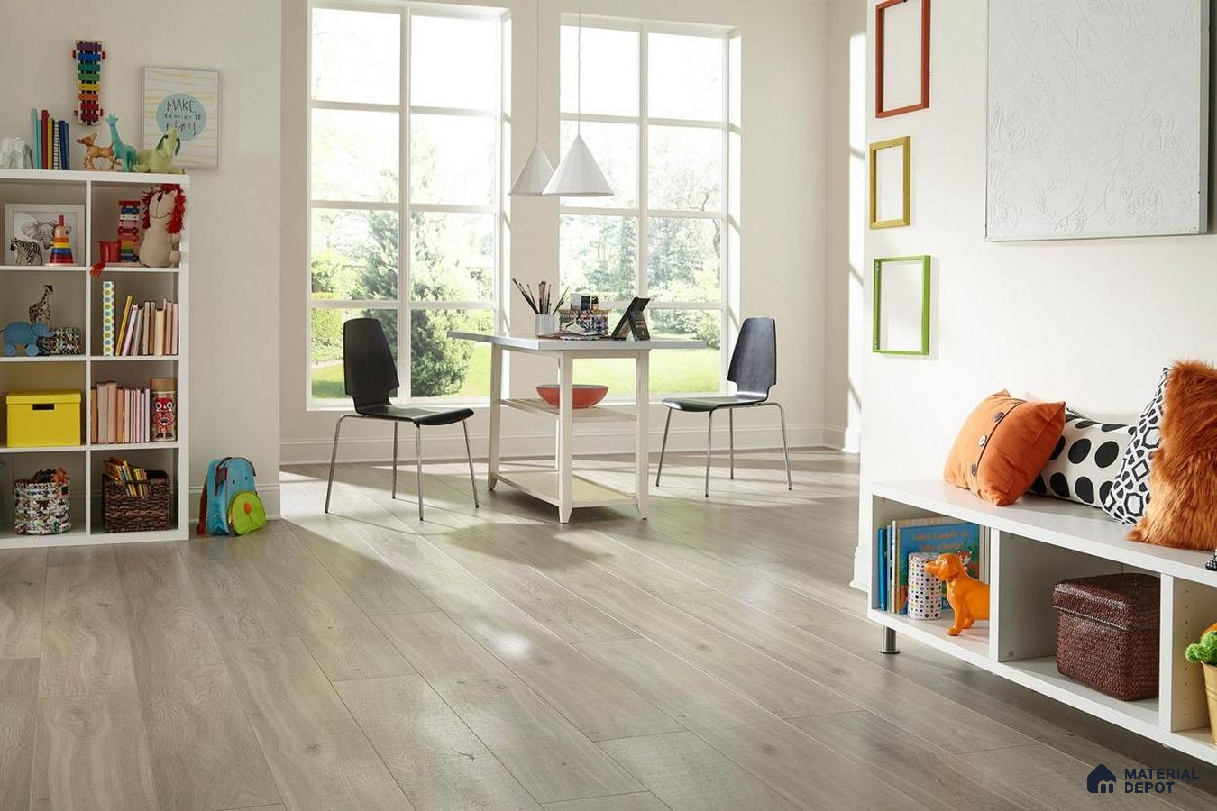 Study room with beige wooden laminate floor