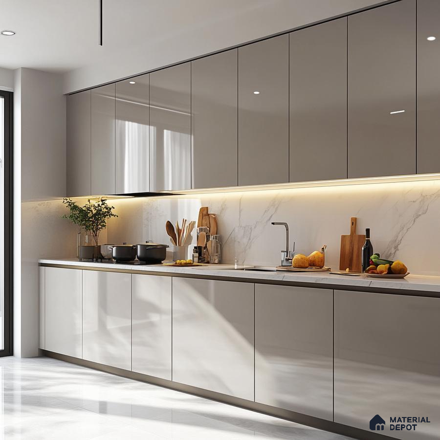 Sleek and Minimalist Gray Kitchen with Marble Backsplash and Modern Fixtures | Material Depot