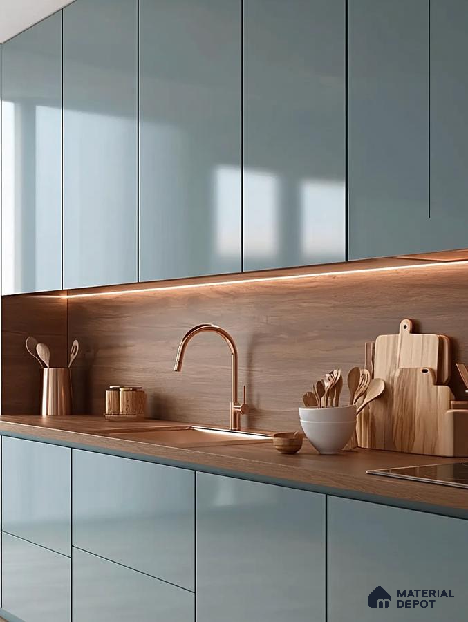 Sleek and Serene Kitchen: Soft Blue Tones with Warm Wood Accents | Material Depot