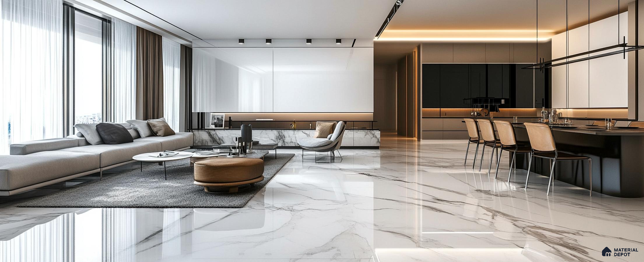 Sleek and Sophisticated: A Modern Open-Concept Living Space with Marble Flooring | Material Depot
