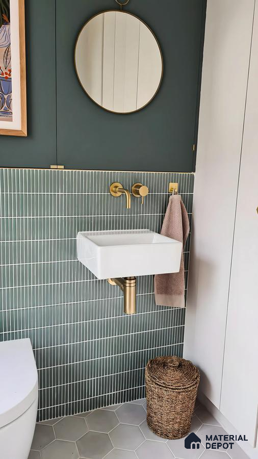 Sleek Bathroom With Kitkat Wall Tiles By Hexagonal Floor | Material Depot
