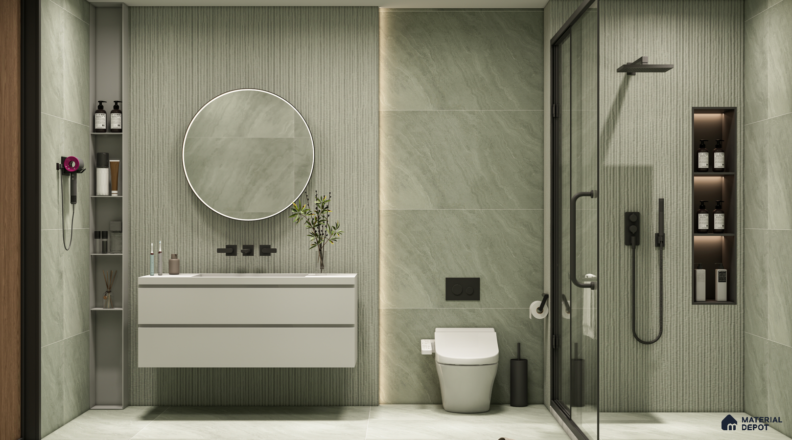 Sleek Bathroom with Sage Green Walls and Minimalist Vanity | Material Depot