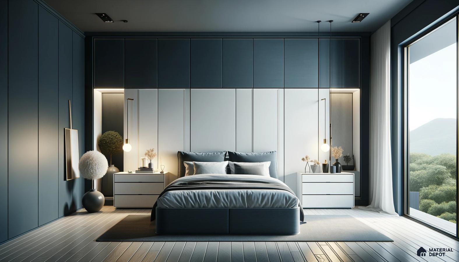 Sleek Bedroom Haven with Moody Blues and Reflective Surfaces | Material Depot