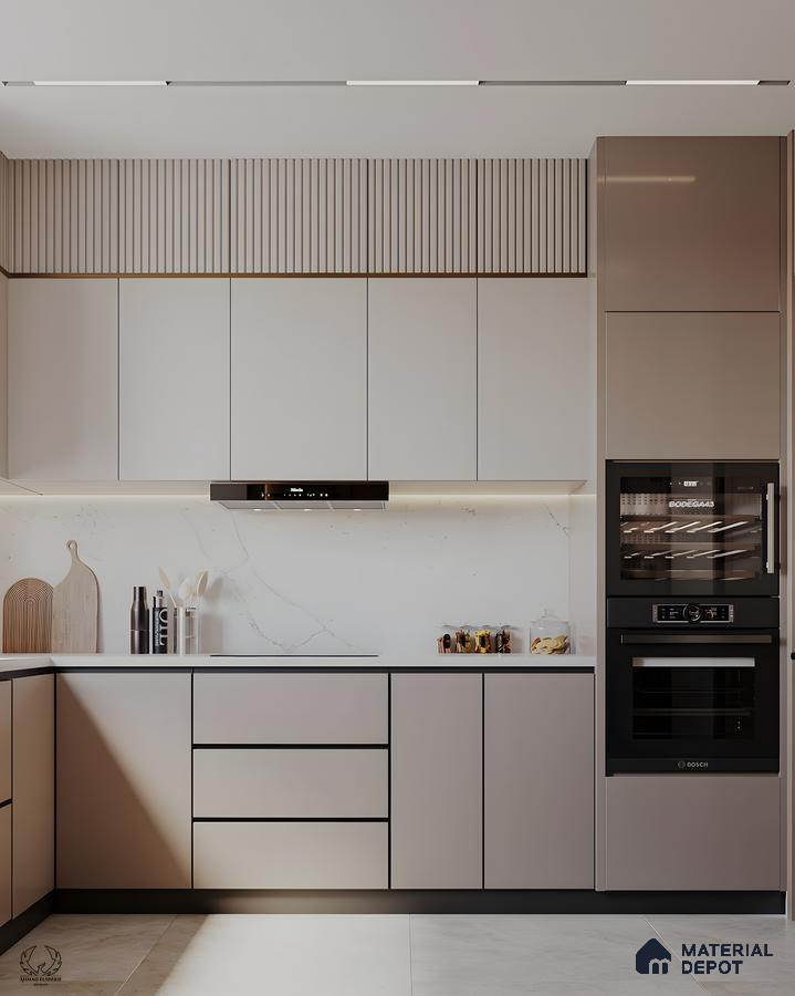 Sleek Beige Modular Kitchen With Fluted Detail And Built-In Black Appliances | Material Depot