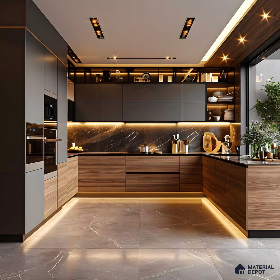 Sleek Contemporary Kitchen With Dramatic Lighting And Grey And Wood Accents | Material Depot