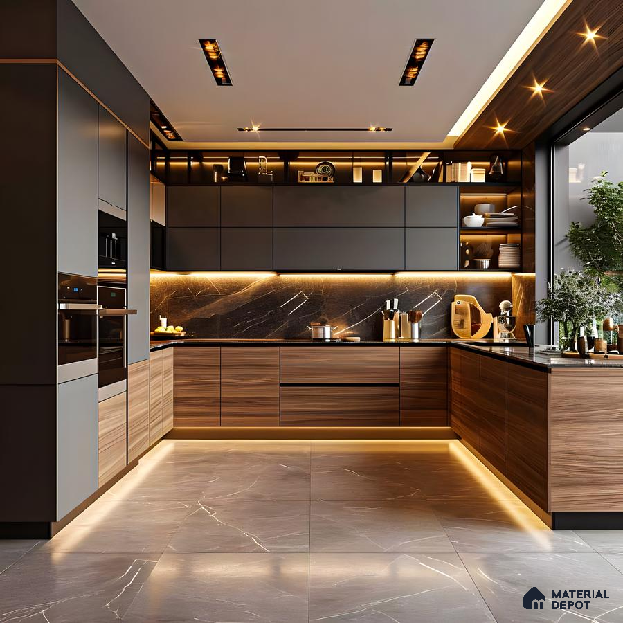 Sleek Contemporary Kitchen with Dramatic Lighting and Grey and Wood Accents | Material Depot