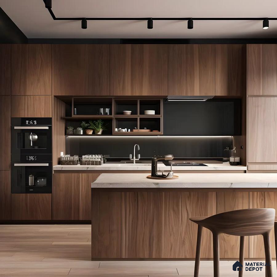 Sleek Contemporary Walnut Kitchen with Dark Accents | Material Depot
