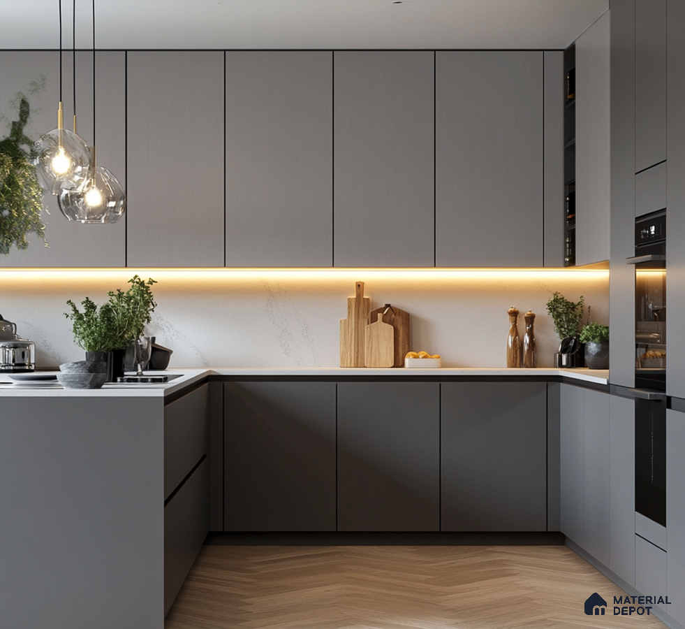 Sleek Dark Grey Matte Kitchen with Warm Underlit Cabinets | Material Depot