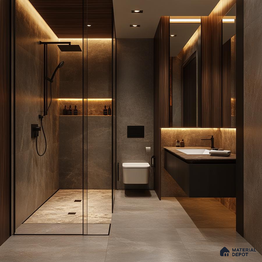 Sleek Elegance: Modern Bathroom with Dark Tones and Warm Recessed Lighting | Material Depot