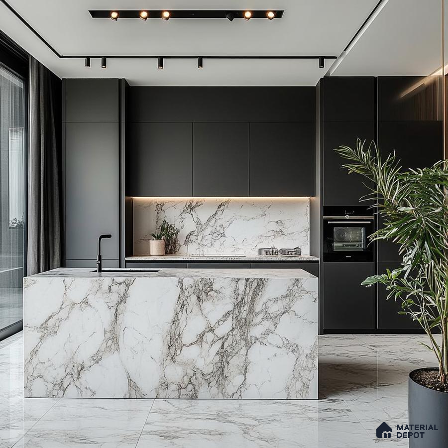 Sleek Elegance: Modern Monochrome Kitchen with Stunning Marble Island and Minimalist Design | Material Depot