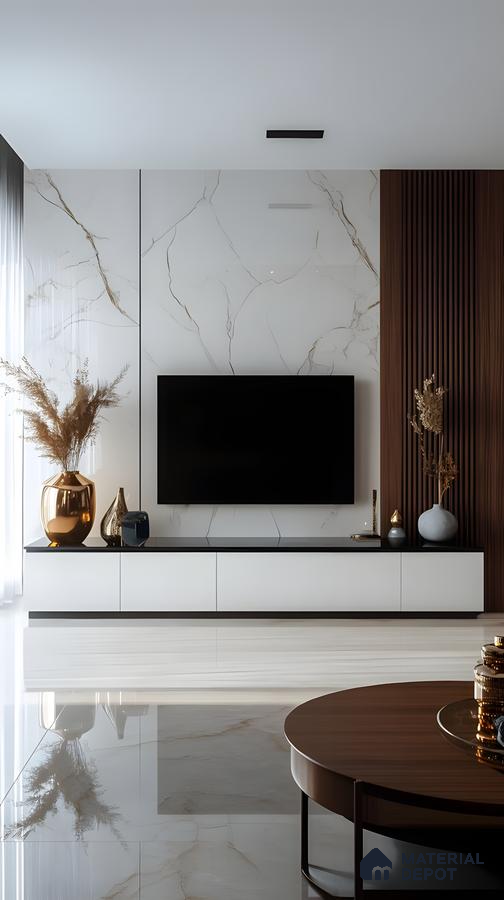 Sleek Elegance: White Marble And Walnut Panel Tv Wall With Golden Accents | Material Depot