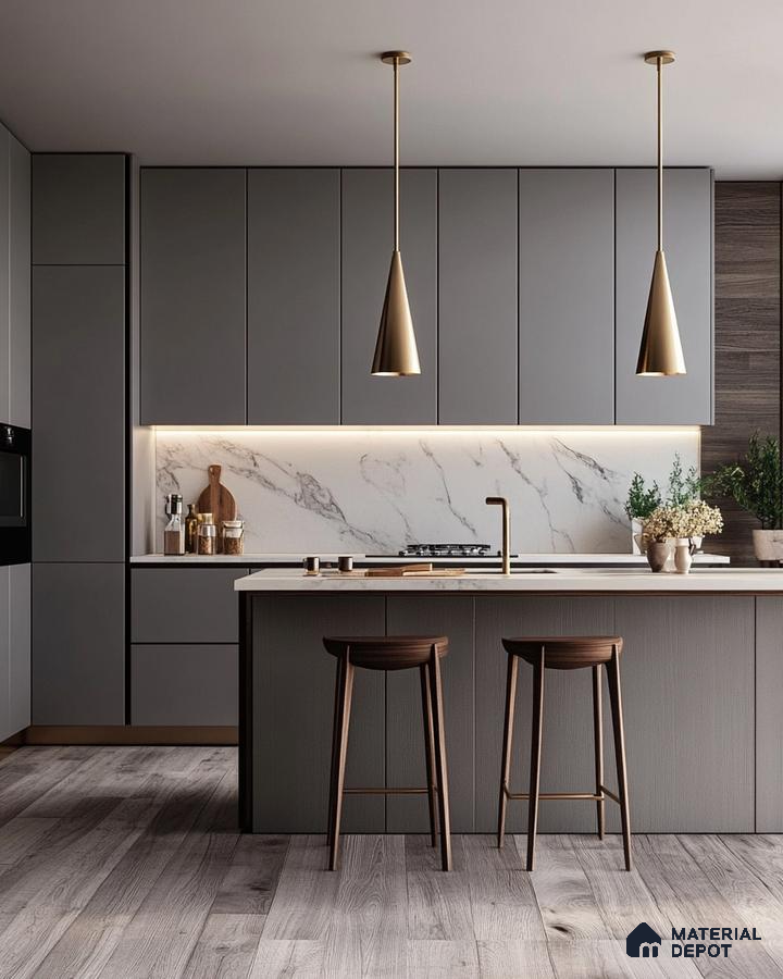 Sleek Gray Kitchen with Marble Backsplash and Gold Accents | Material Depot