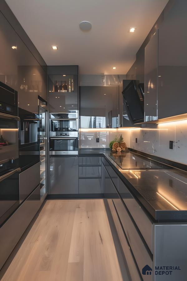 Sleek Grey High-Gloss Parallel Kitchen With Backlit Marble Backsplash | Material Depot