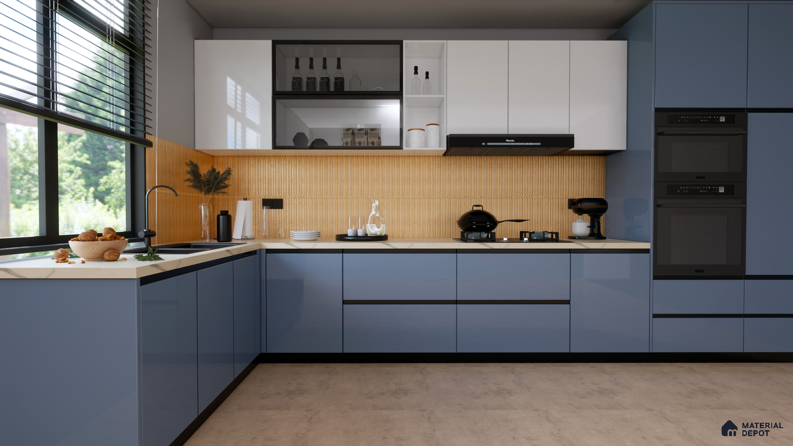 Sleek Kitchen with Blue Cabinets and Textured Yellow Tiles | Material Depot