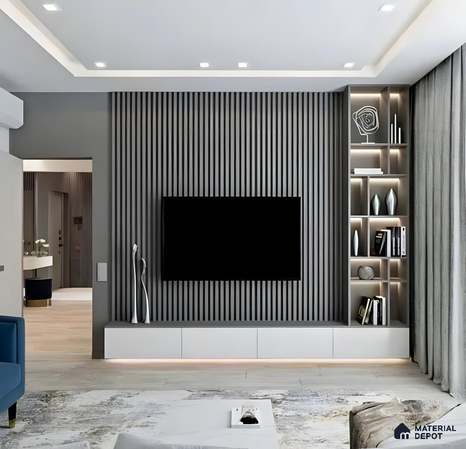 Sleek TV Unit with Gray Slatted Wall and Built-in Shelving | Material Depot
