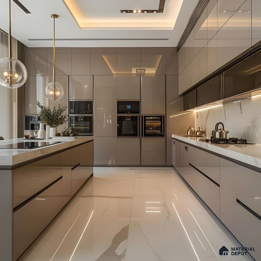 Sleek Luxe: Glossy Acrylic Kitchen With Built-In Appliances And Warm Lighting | Material Depot