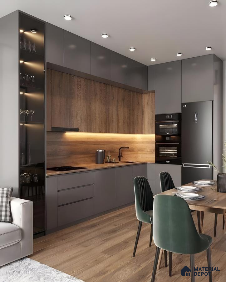 Sleek Matte Grey Kitchen With Wooden Backsplash And Warm Ambient Lighting  | Material Depot
