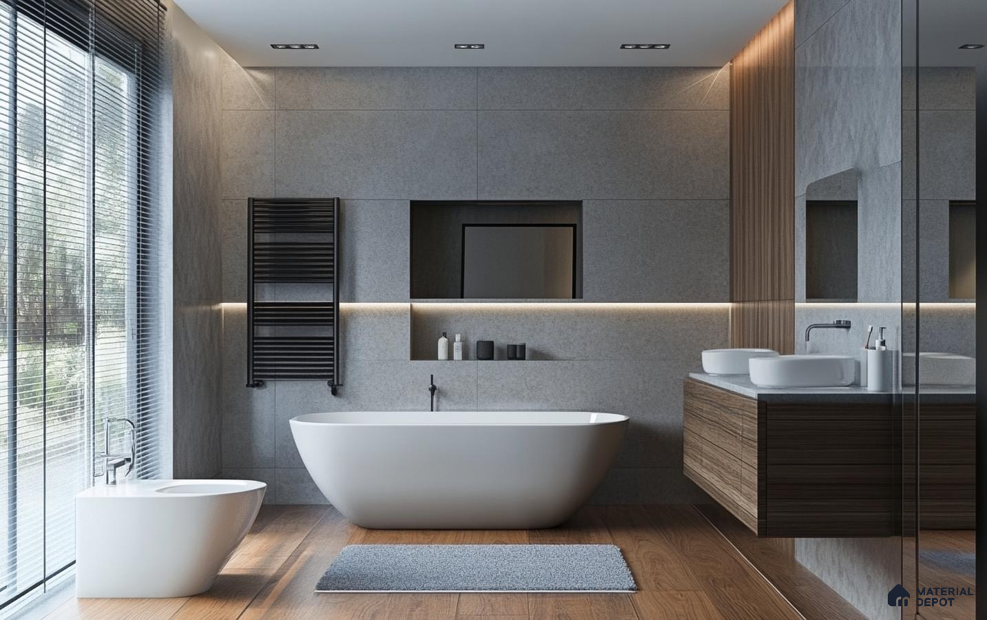 Sleek Modern Bathroom with Gray Tiles and Wood Accents | Material Depot