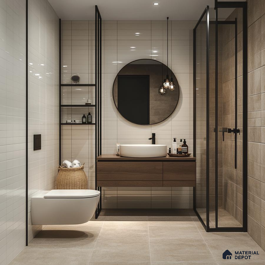 Sleek Modern Bathroom with Industrial Elements and Round Mirror | Material Depot