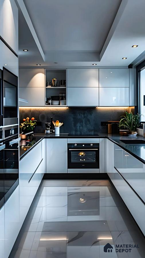 Sleek Modern Kitchen With Glossy White Cabinets | Material Depot