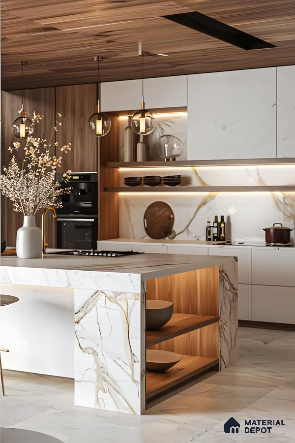 Sleek Modern Kitchen with Marble Island and Wood Accents | Material Depot