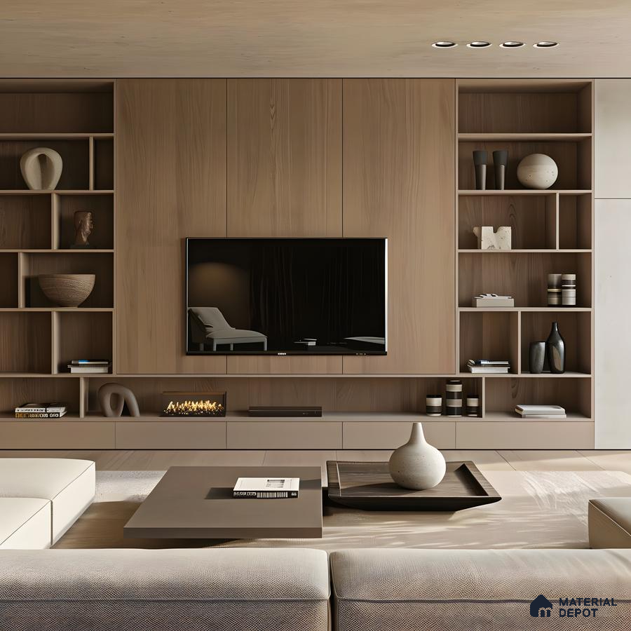 Sleek Modern TV Unit with Wood-Paneled TV Wall | Material Depot