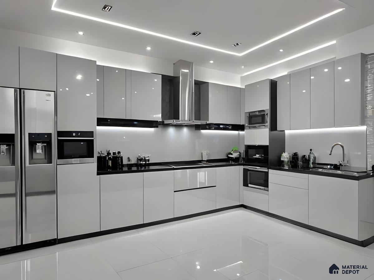 Sleek Noir: A High-Gloss Grey And Black Modular Kitchen With Led Elegance | Material Depot