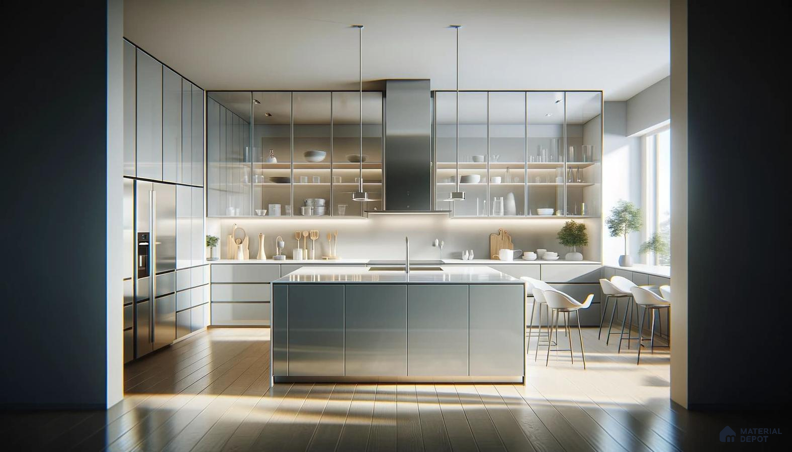 Sleek Reflections Modern Kitchen with Natural Light and Chic Design | Material Depot