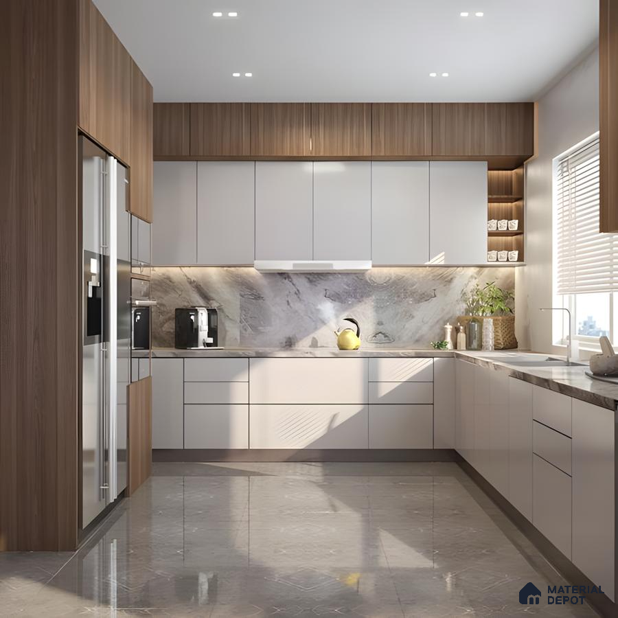 Sleek Serenity: Taupe Cabinets Meet Textured Stone Backsplash | Material Depot