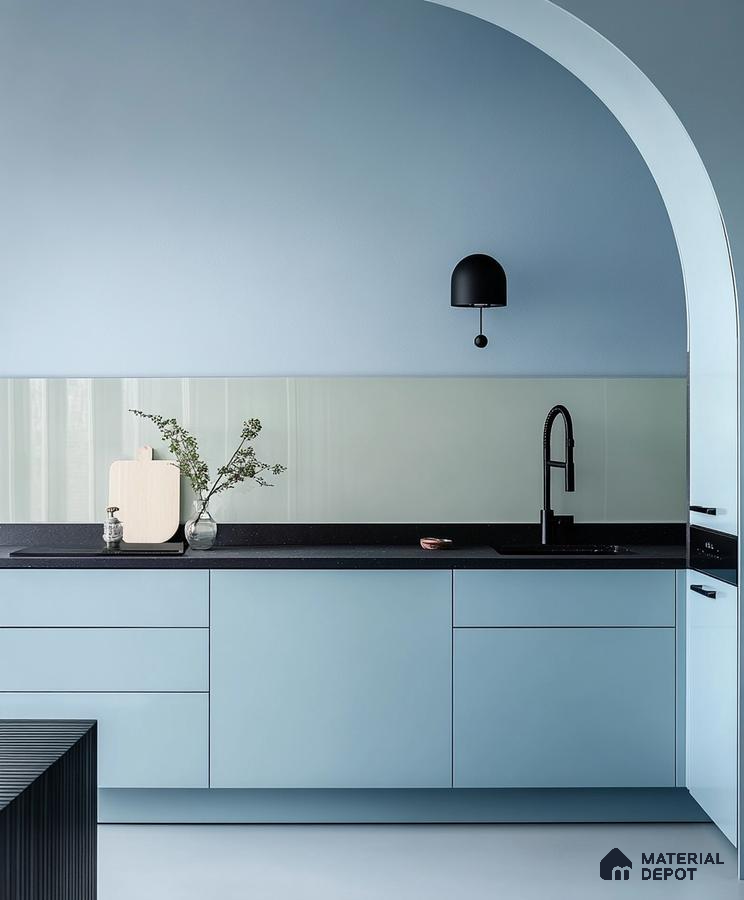 Sleek Sky Blue Kitchen with Arched Niche and Minimalist Design | Material Depot
